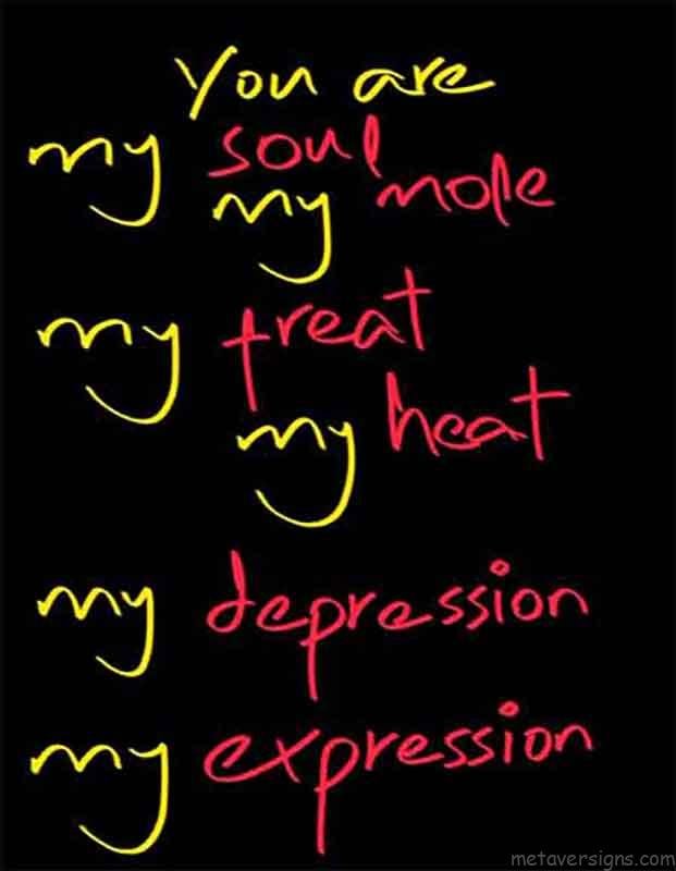 Romantic images of valentines day.
You are my soul my mole, my treat my heat, my depression my expression is written in yellow and red color that makes it a romantic image