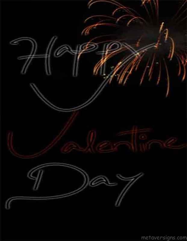 12th of Happy Valentines Day Images. Happy Valentine Day is written, and a spread of glowing fireworks crackers is shown on top right corner. Text is in white and red color. All on a black background image. It looks so romantic.