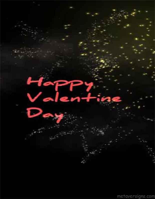 7th of Happy Valentines Day Images. Happy Valentine Day is written, and the spread of fireworks is shown. Text in red color & fireworks in yellowish color. All on a black background image. It looks so great.