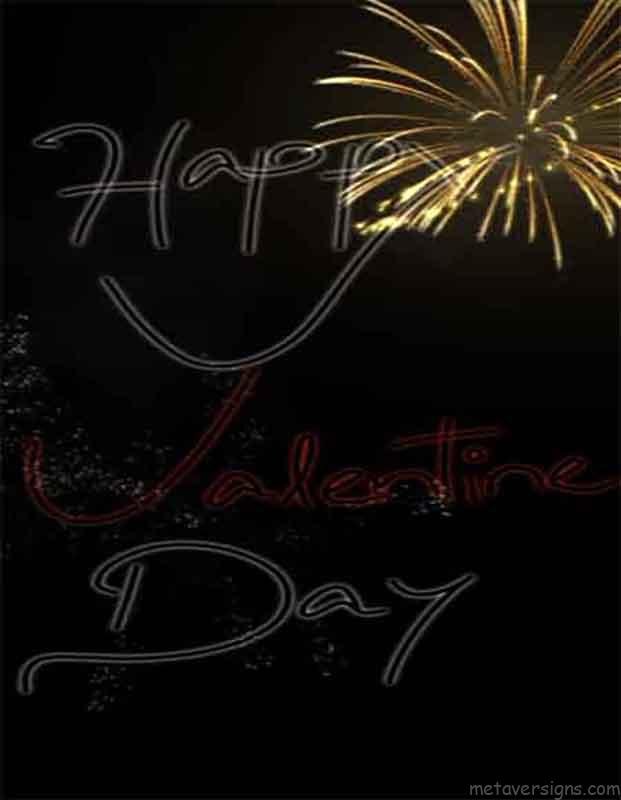 9th of Happy Valentines Day Images. Happy Valentine Day is written, and a single spread of yellowish fireworks is shown on top right corner. Text is in white and red color. All on a black background image. It looks so romantic.