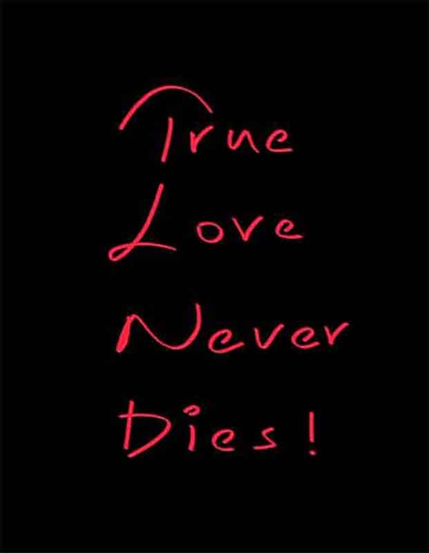True love never dies written in red handwriting font style