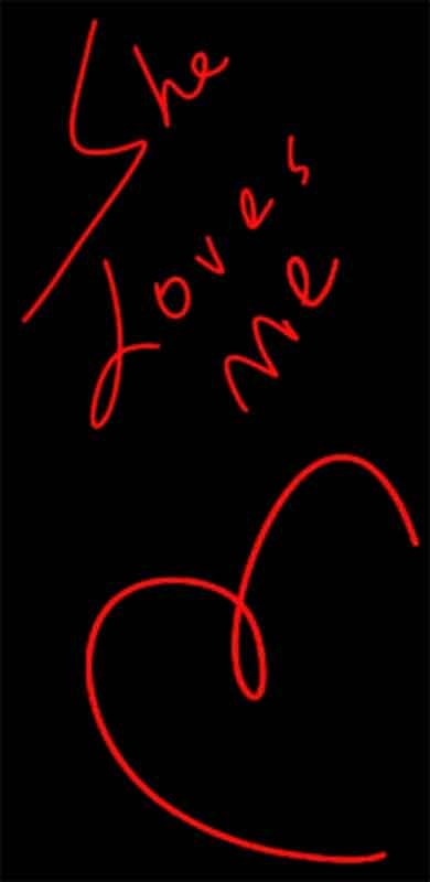 Words with heart in them.
She loves me is written in red, and a red heart is also drawn on a black background image showing the boys relationship.